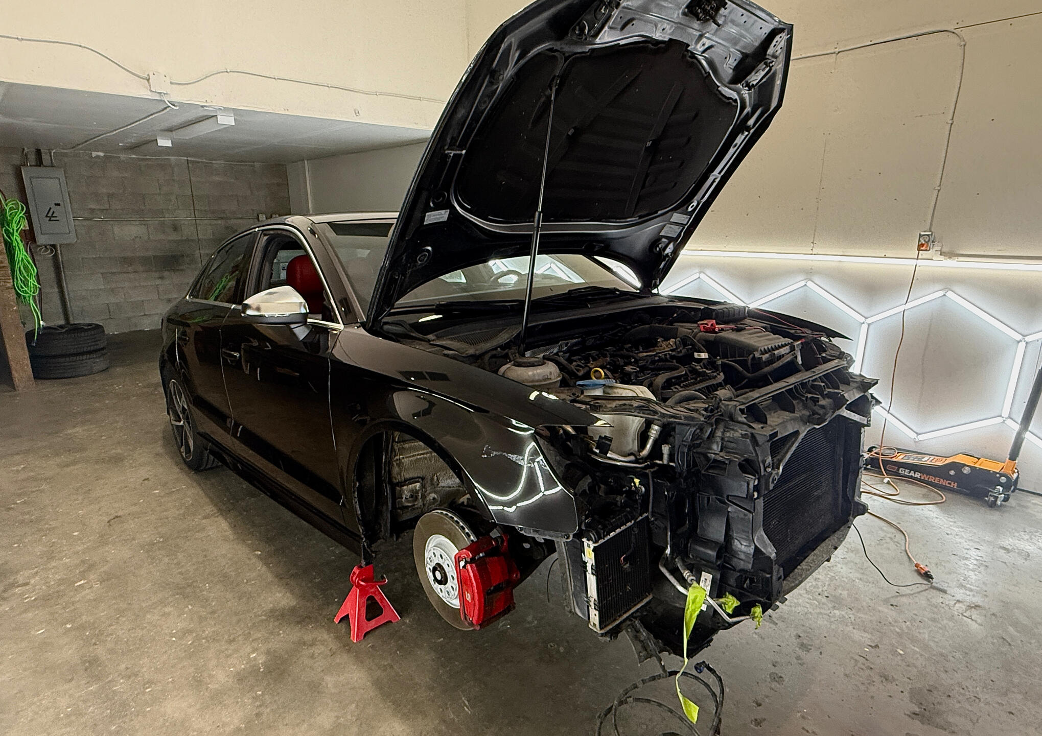 Front-end collision damage on the salvage 2019 Audi S3