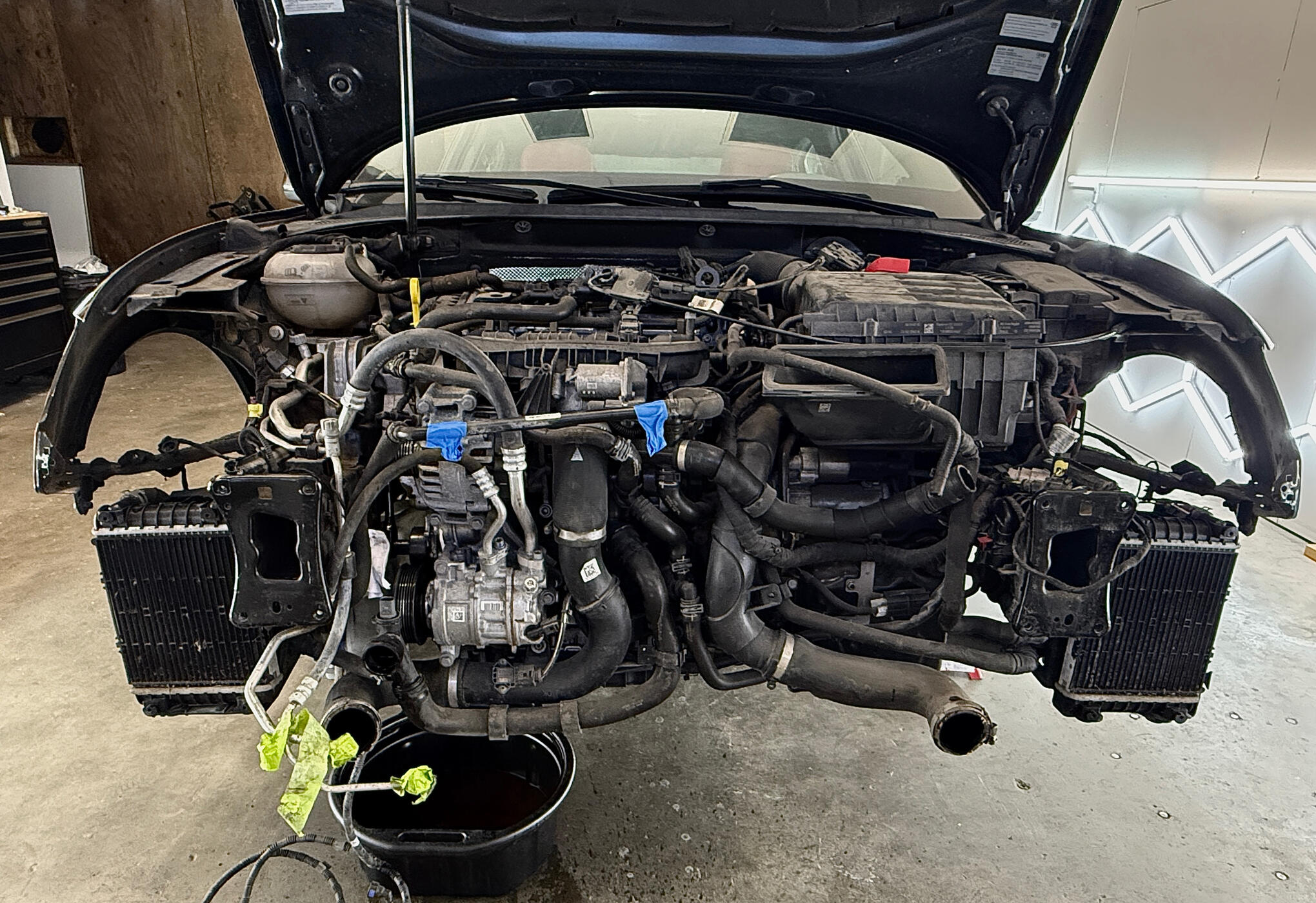 Audi S3 teardown in progress — front clip and bumper removed